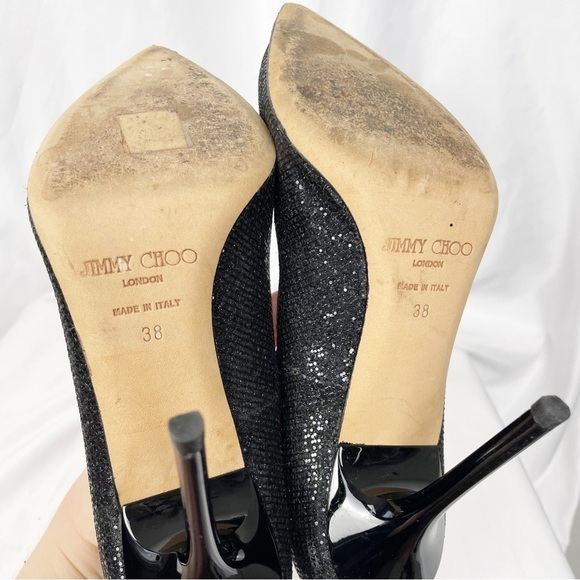 Jimmy Choo Abel Glitter Stiletto Pointed Toe Heels Black Sparkly Cocktail Party - Picture 7 of 7
